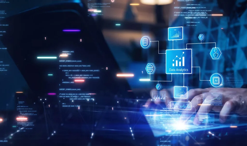 Hands typing on laptop with digital data analytics dashboard, AI and business intelligence icons representing data visualization and analysis